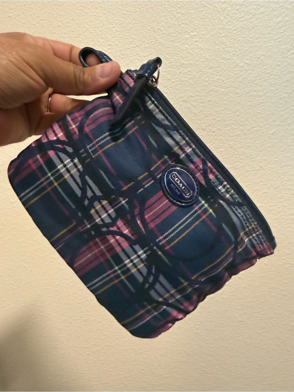 Coach Navy Plaid Toiletry Pouch with Pink Accents